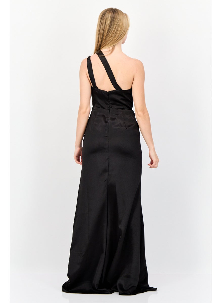 Women Solid Satin Maxi Dress, Black