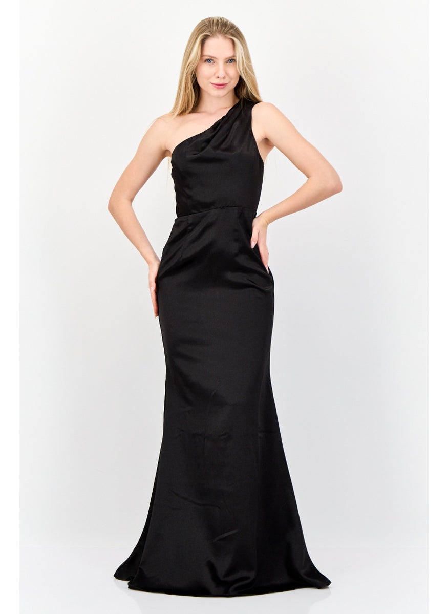 Women Solid Satin Maxi Dress, Black