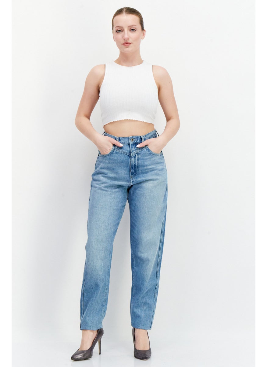 Women Balloon Fit Washed Denim Jeans , Blue