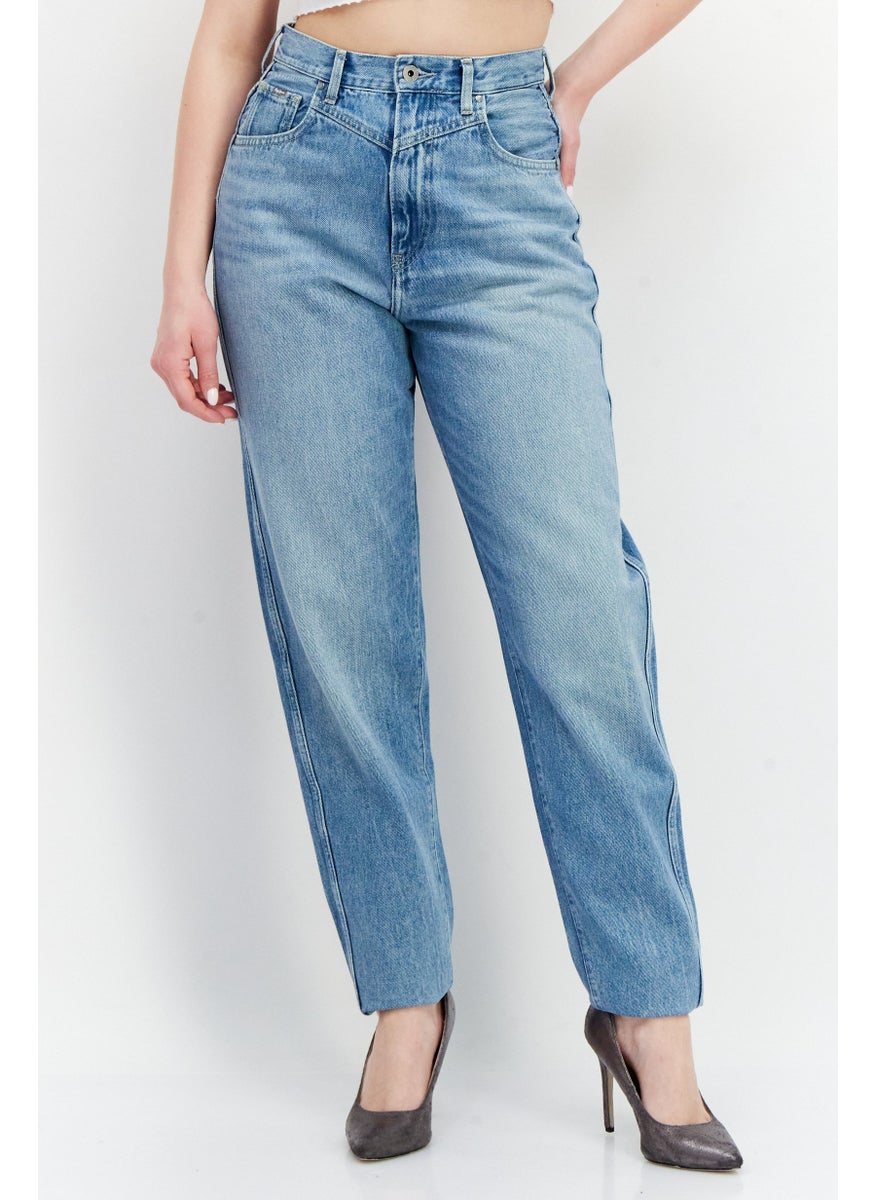 Women Balloon Fit Washed Denim Jeans , Blue