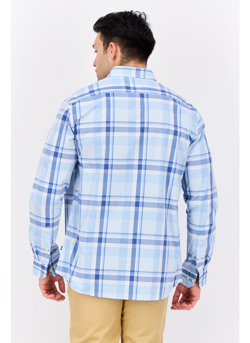 Men Classic Fit Embroidered Logo Long Sleeve Casual Shirt, White/Light Blue