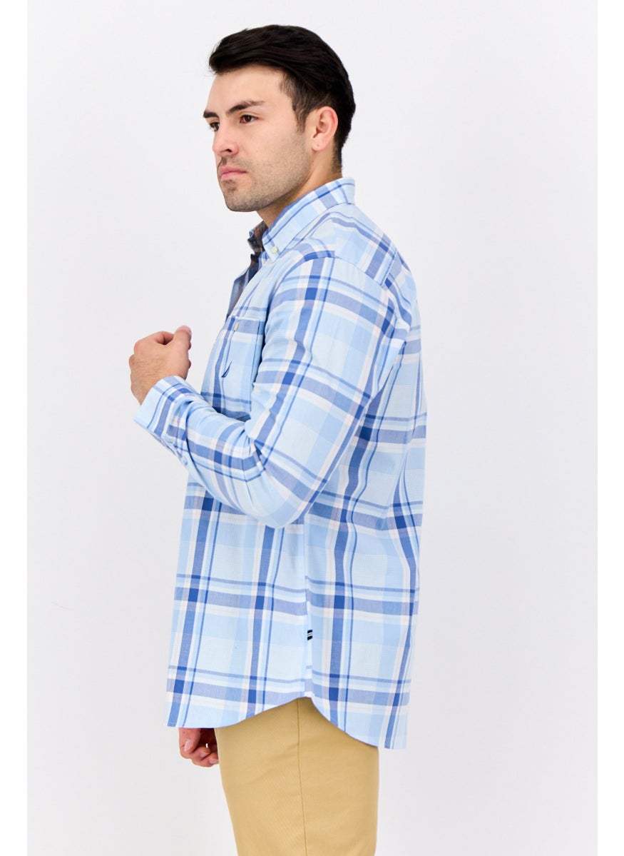 Men Classic Fit Embroidered Logo Long Sleeve Casual Shirt, White/Light Blue