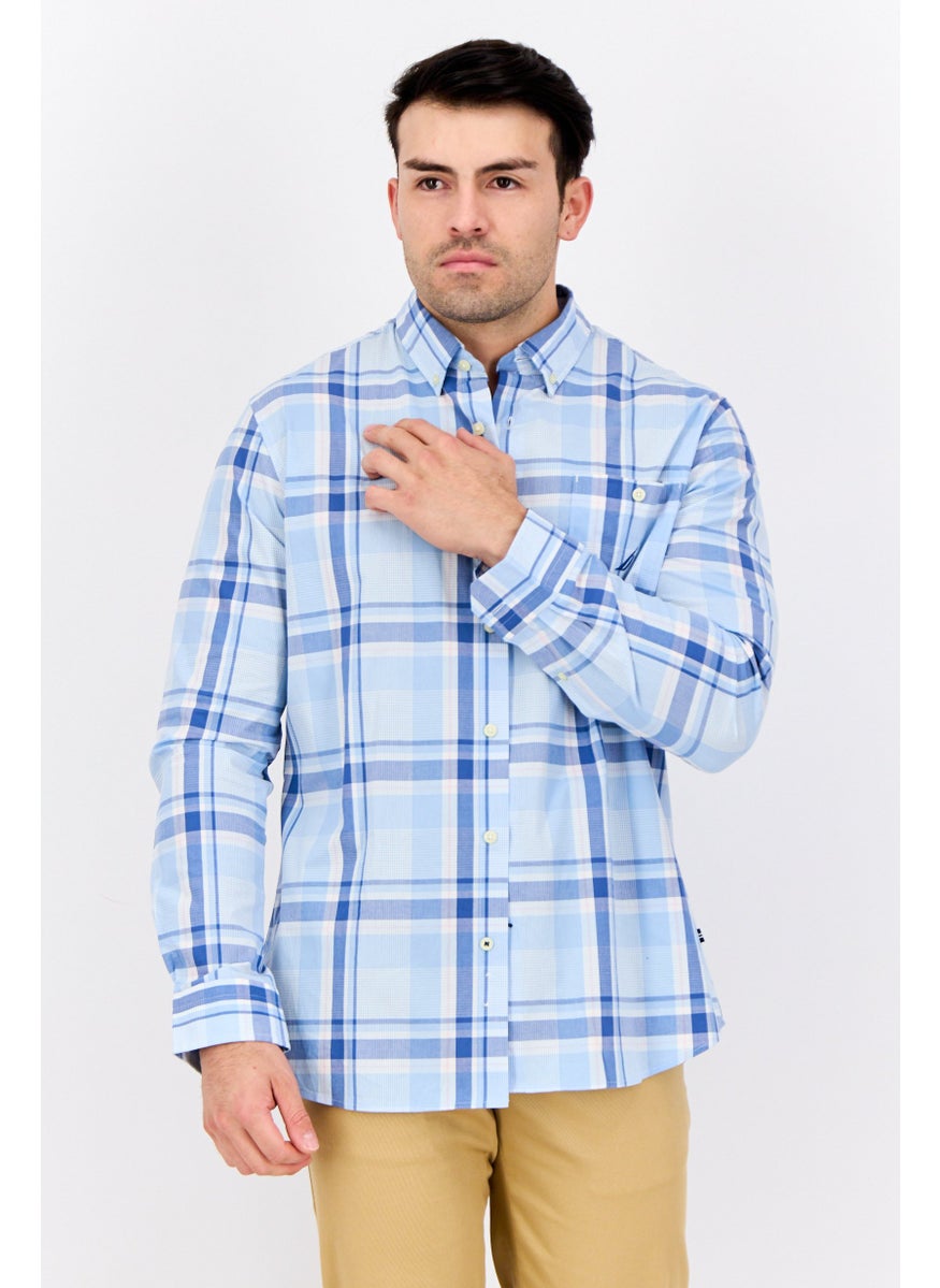 Men Classic Fit Embroidered Logo Long Sleeve Casual Shirt, White/Light Blue