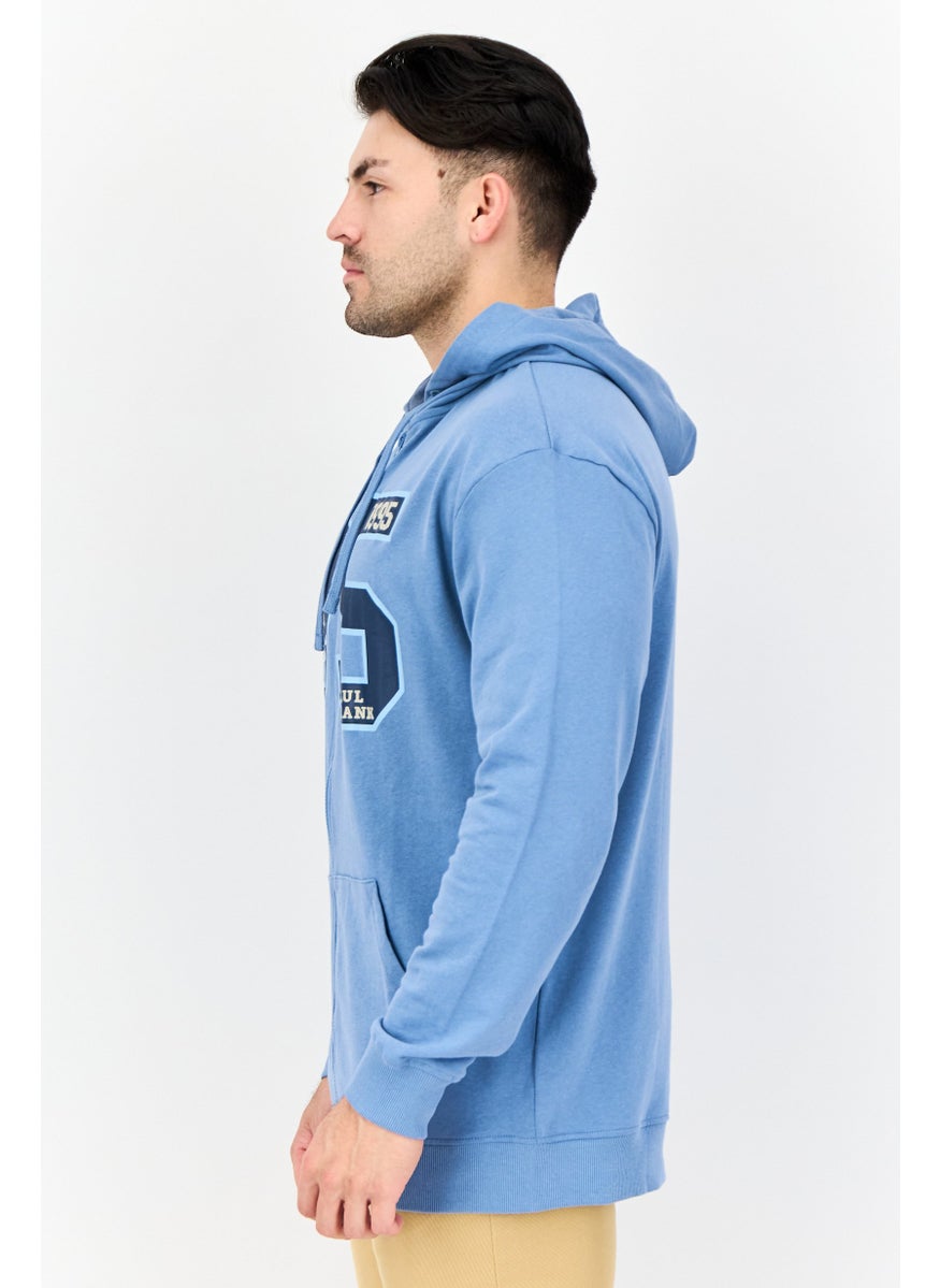 Men Graphic Print Full Zip Hoodie, Light Blue