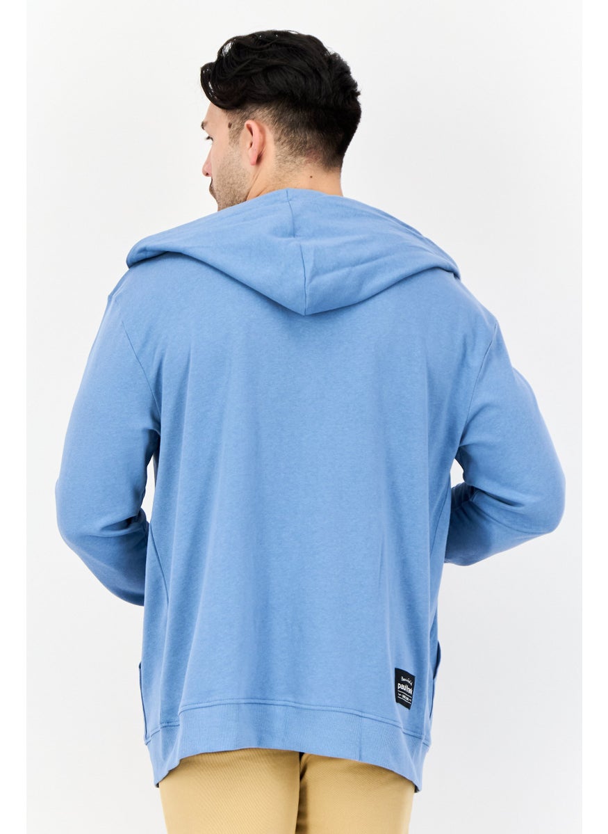 Men Graphic Print Full Zip Hoodie, Light Blue