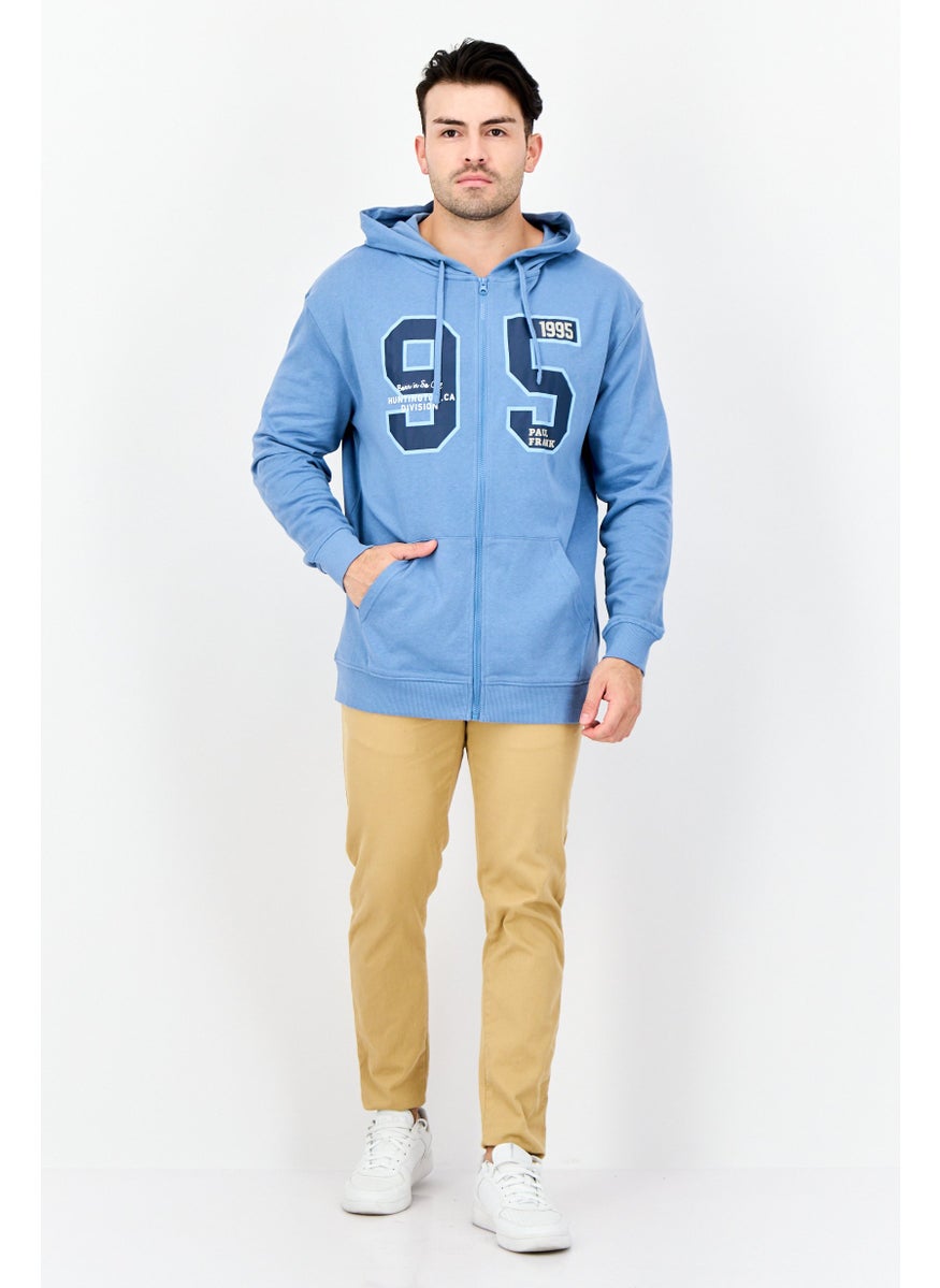 Men Graphic Print Full Zip Hoodie, Light Blue