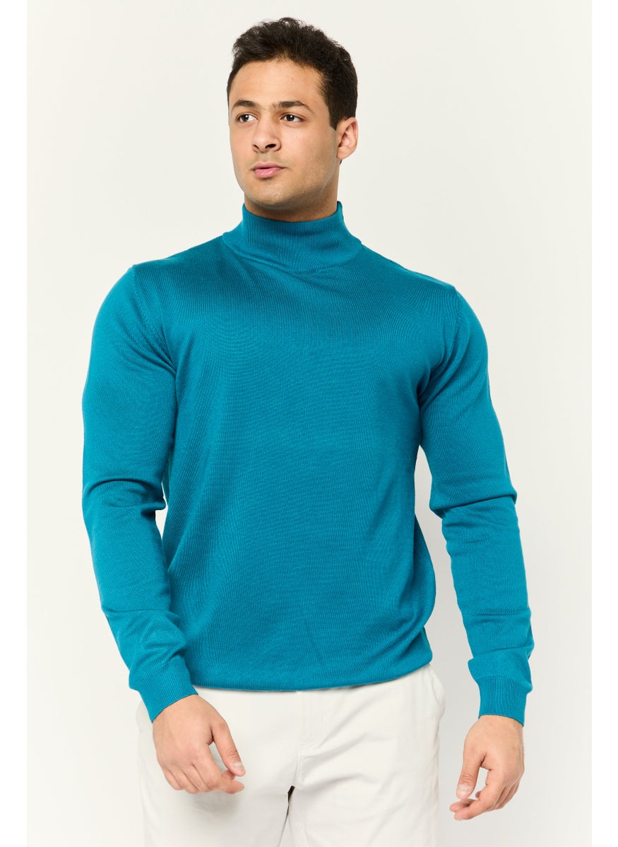 Men Mock Neck Long Sleeve Knitted Sweater, Dark Teal