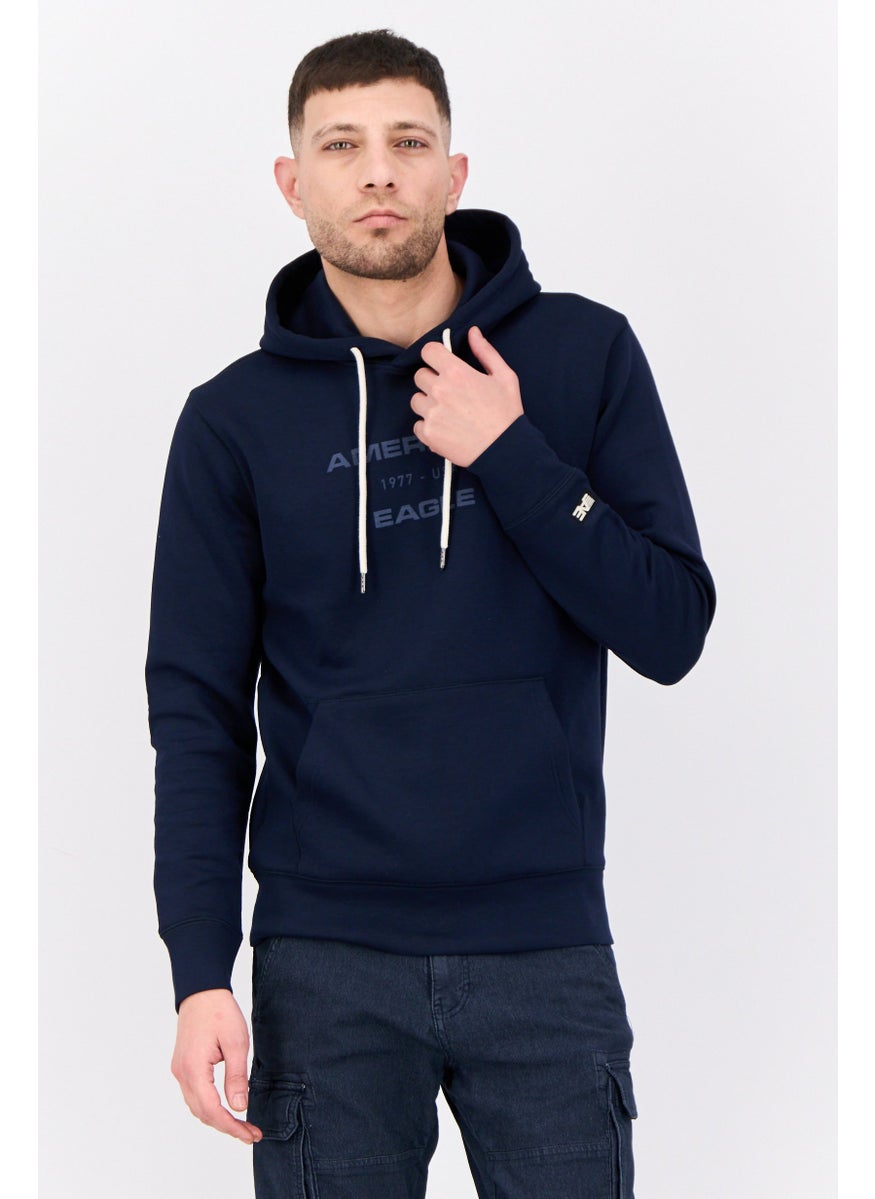Men Brand Logo Long Sleeves Hoodie, Dark Navy