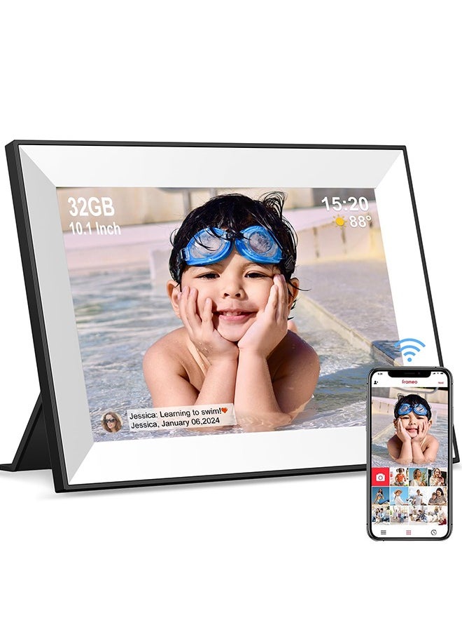 Frameo Digital Picture Frame,WiFi Slideshow Digital Photo Frame with 10.1 Inch IPS Touch Screen,Load from Phone to 32GB Digital Frame,Smart Rotating Pictures via White Electronic Picture Frame,Gift