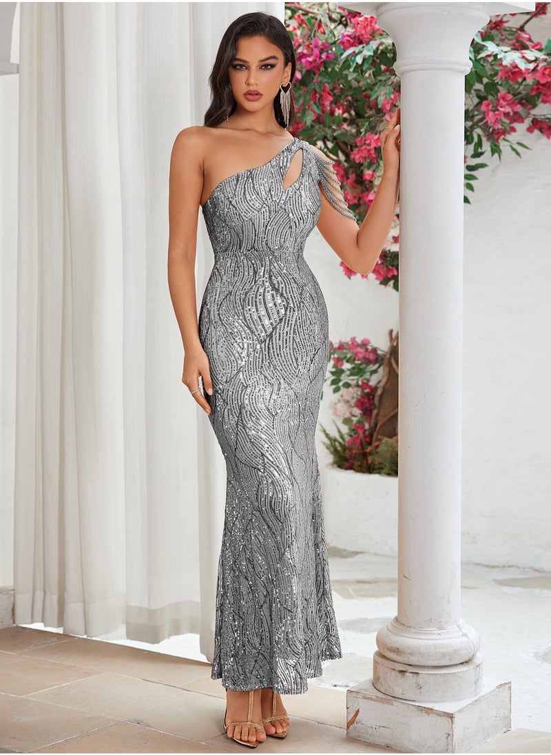 Silver Ruched One-Shoulder Sequined Evening Gown