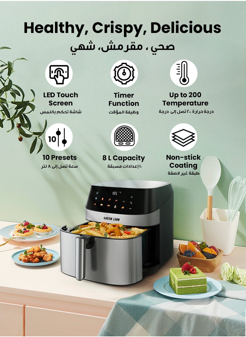 Air Fryer 8L with LED Touch Screen/ Deluxe / Non-Stick Coating / Up to 200°C Temperature / Air Fry / Airfryer 2200W Power with 10 Preset Programs - Black