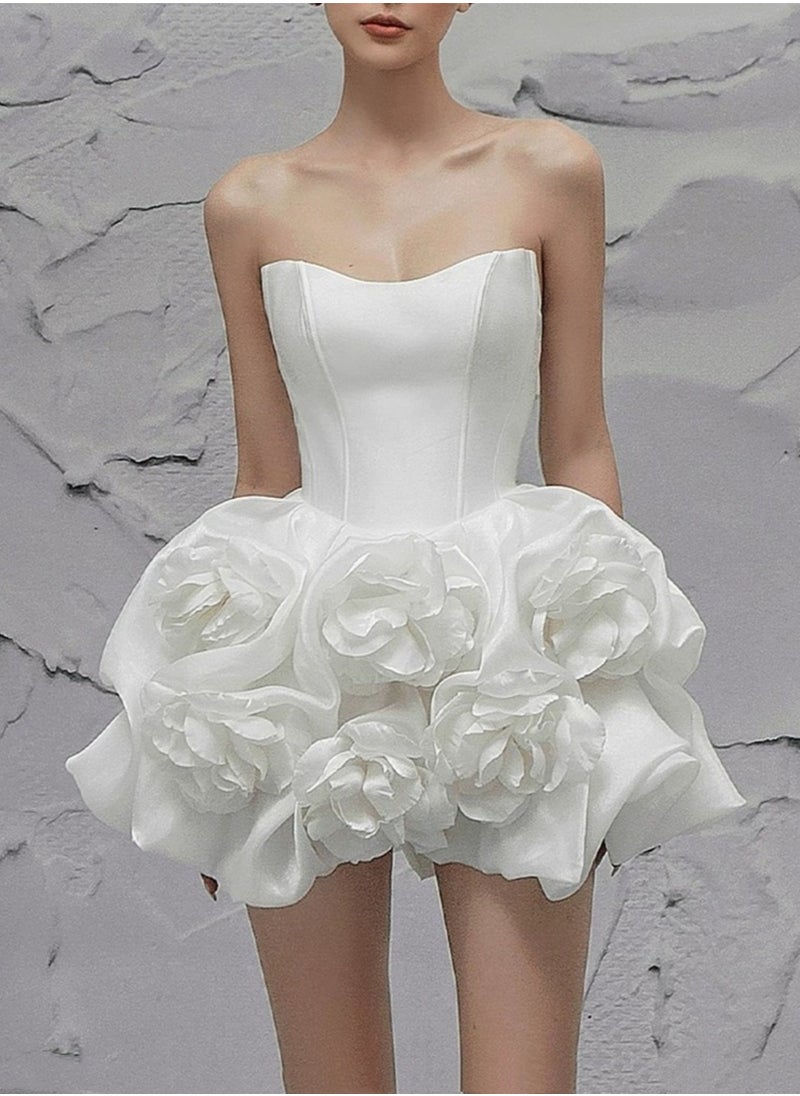 White Floral Bustier Flared Dress with Bone Structure