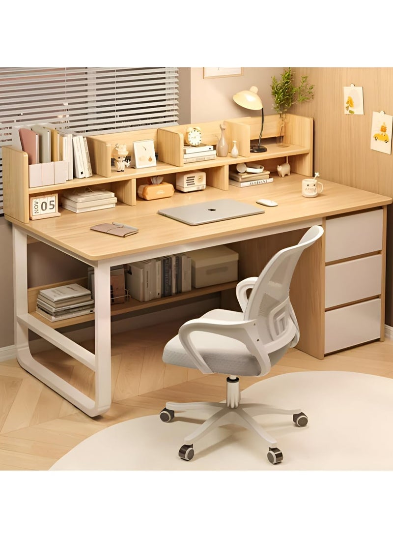 Home Office Desk With 3 Large Drawers And Open Shelves Computer Table Study Working Table Gaming Desk With Storage Heavy Duty Desk (140 * 50 * 103cm-Wood Color)