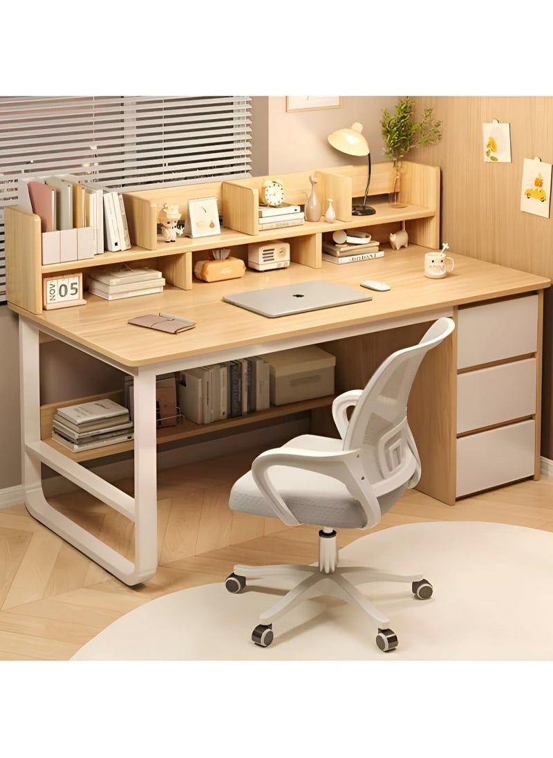 Home Office Desk With 3 Large Drawers And Open Shelves Computer Table Study Working Table Gaming Desk With Storage Heavy Duty Desk (120 * 50 * 103cm-Wood Color)