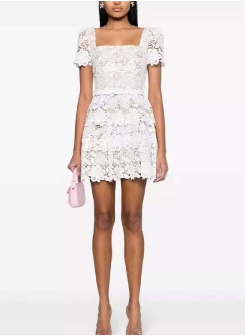 White Square Neck Floral Lace Dress for petite ladies