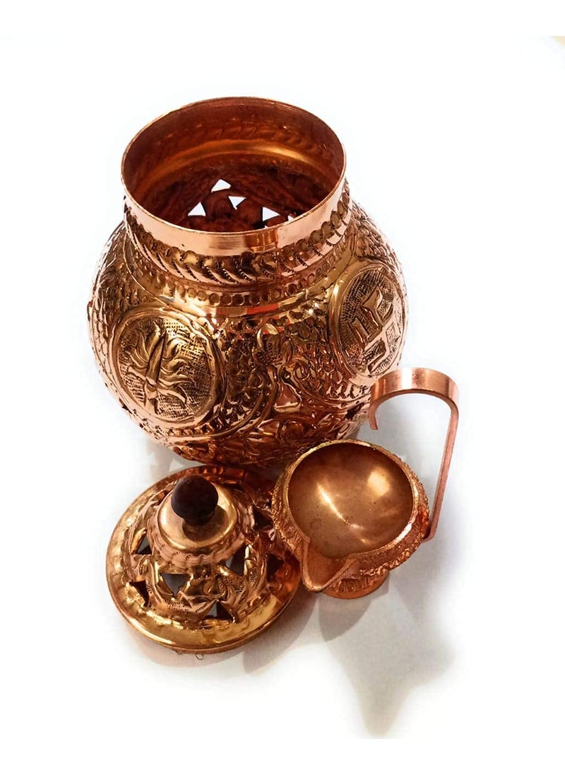 BRUSHFINCH Navratri Garbo Navratri Garba Hindu Goddess Om Swastik Pure Coppered Nakshidar Design Garbo Aarti Pot with Metal Handle Diya1 pc