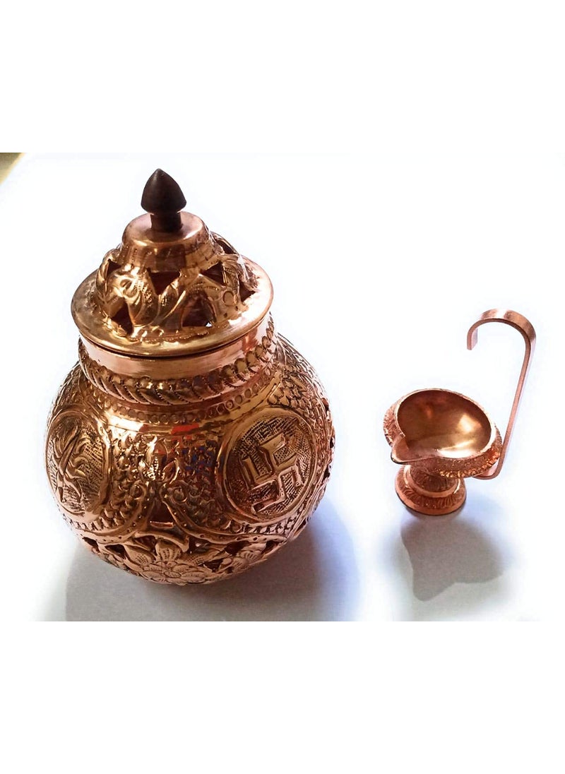 BRUSHFINCH Navratri Garbo Navratri Garba Hindu Goddess Om Swastik Pure Coppered Nakshidar Design Garbo Aarti Pot with Metal Handle Diya1 pc