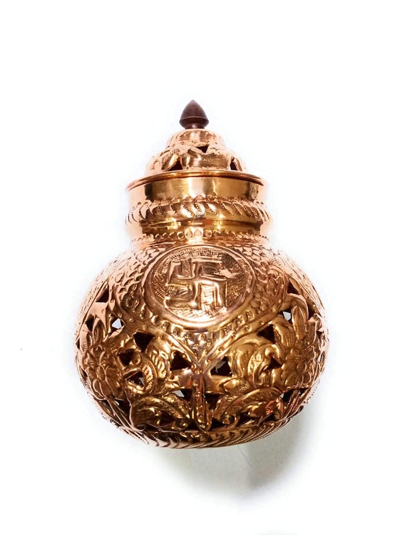 BRUSHFINCH Navratri Garbo Navratri Garba Hindu Goddess Om Swastik Pure Coppered Nakshidar Design Garbo Aarti Pot with Metal Handle Diya1 pc