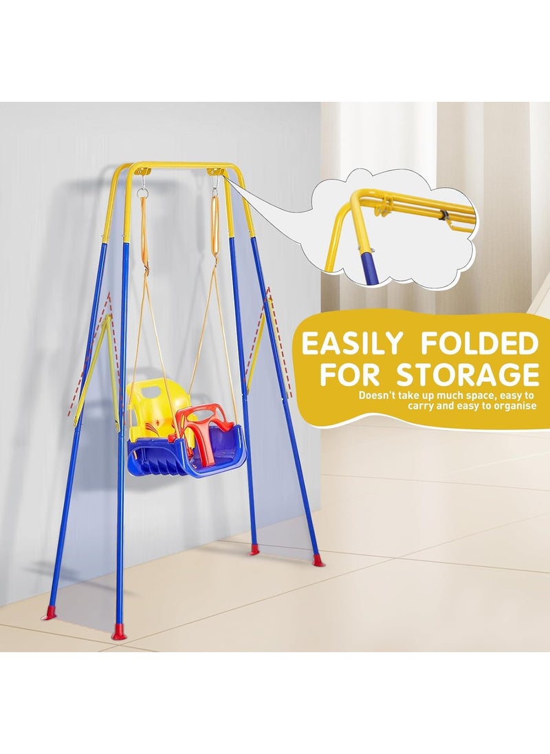 JUMIX Toddler Swing Set with Frame Indoor Outdoor Baby Swing with Foldable Metal Stand Kids Swing Set for Backyard Easy to Assemble Store Blue