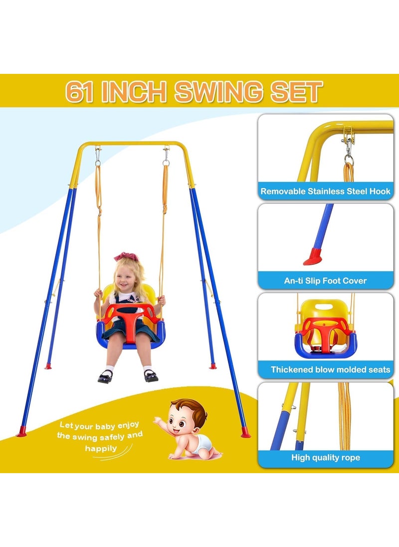 JUMIX Toddler Swing Set with Frame Indoor Outdoor Baby Swing with Foldable Metal Stand Kids Swing Set for Backyard Easy to Assemble Store Blue