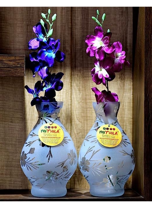 Mithila Handicrafts Glass Vases Flower Pots Set of 2 for Flowers Plants Home Decor Balcony IndoorOutdoor Elegant Printed Designed Vases Glass Pot 24x15 cm