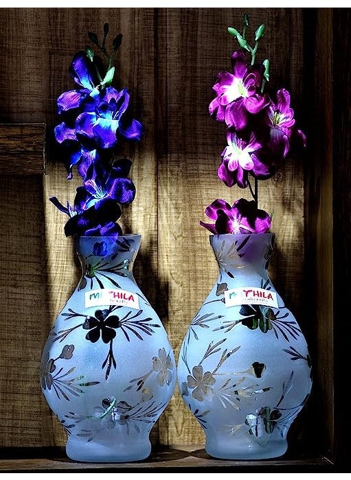 Mithila Handicrafts Glass Vases Flower Pots Set of 2 for Flowers Plants Home Decor Balcony IndoorOutdoor Elegant Printed Designed Vases Glass Pot 24x15 cm