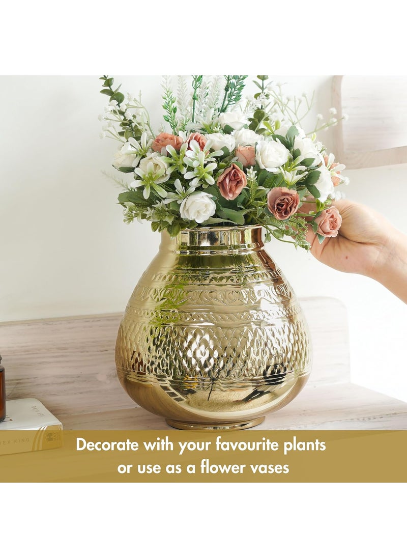 Behoma Matki Shape Metal Flower Vase for Home Decor Traditional Embossed Metal vase vase for Office Table Decorations Modern vase Gift for Festival 8 inches Golden 1 Pc Flowers not Included