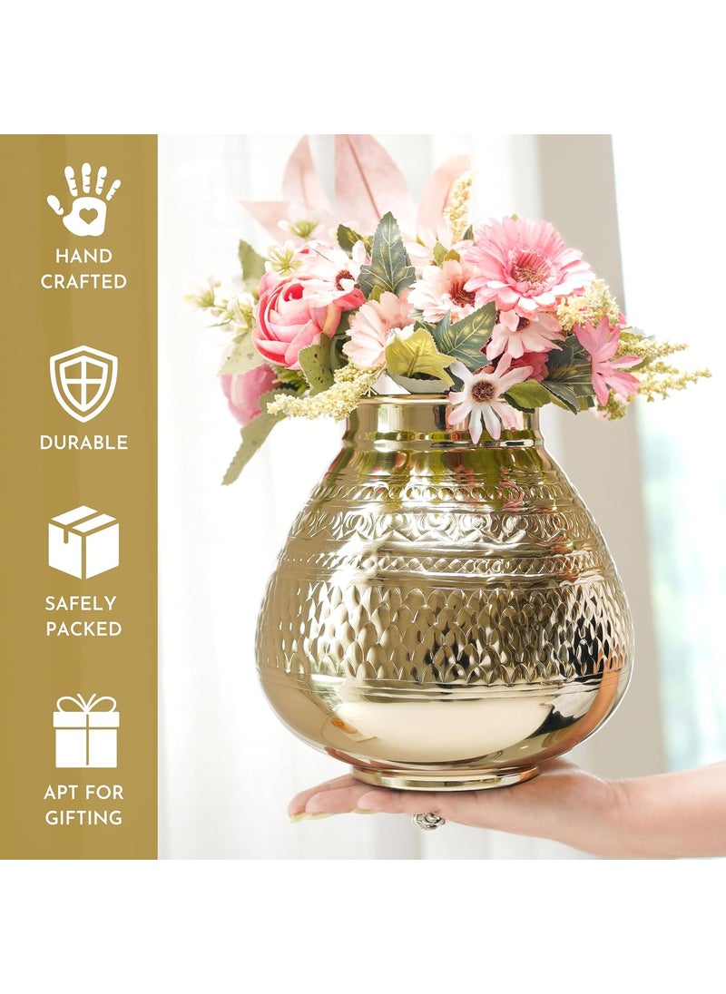 Behoma Matki Shape Metal Flower Vase for Home Decor Traditional Embossed Metal vase vase for Office Table Decorations Modern vase Gift for Festival 8 inches Golden 1 Pc Flowers not Included
