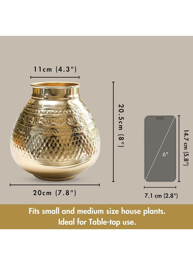 Behoma Matki Shape Metal Flower Vase for Home Decor Traditional Embossed Metal vase vase for Office Table Decorations Modern vase Gift for Festival 8 inches Golden 1 Pc Flowers not Included