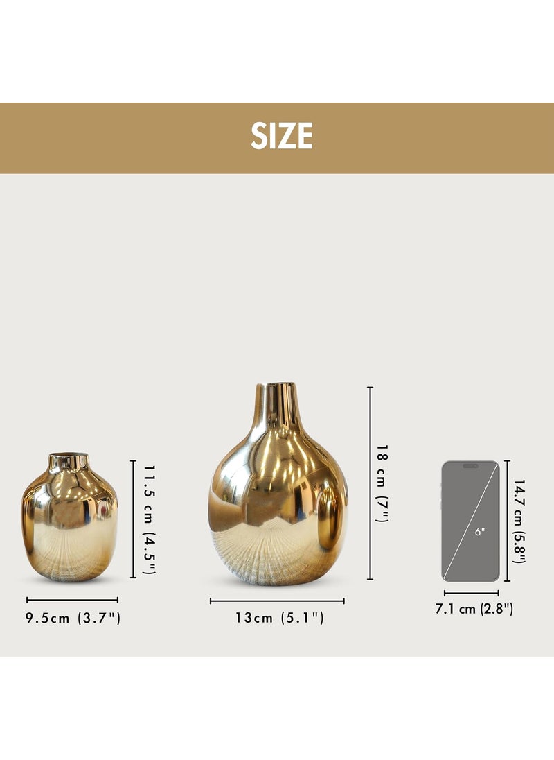 Behoma Glossy Golden Metal Flower Vase for Home Decor Decoration Item for Living Room Office Table Decorative Flower Pot for Gifting Pack of 2 Gold Flowers not Included