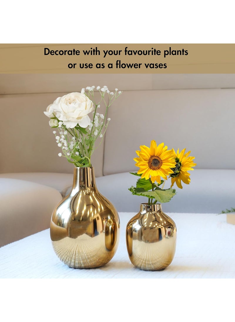 Behoma Glossy Golden Metal Flower Vase for Home Decor Decoration Item for Living Room Office Table Decorative Flower Pot for Gifting Pack of 2 Gold Flowers not Included
