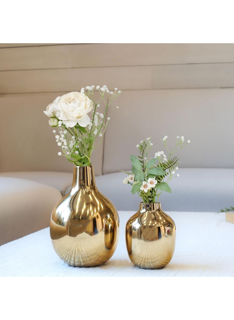 Behoma Glossy Golden Metal Flower Vase for Home Decor Decoration Item for Living Room Office Table Decorative Flower Pot for Gifting Pack of 2 Gold Flowers not Included