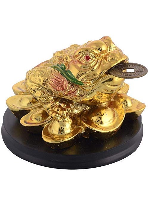 RIPE INDIA Feng Shui Money Frog Legged Toad Hold Two Ignots On A Pile of Money for Wealth Luck Legged Money Frog On Bed of Ingots Showpiece Color Golden