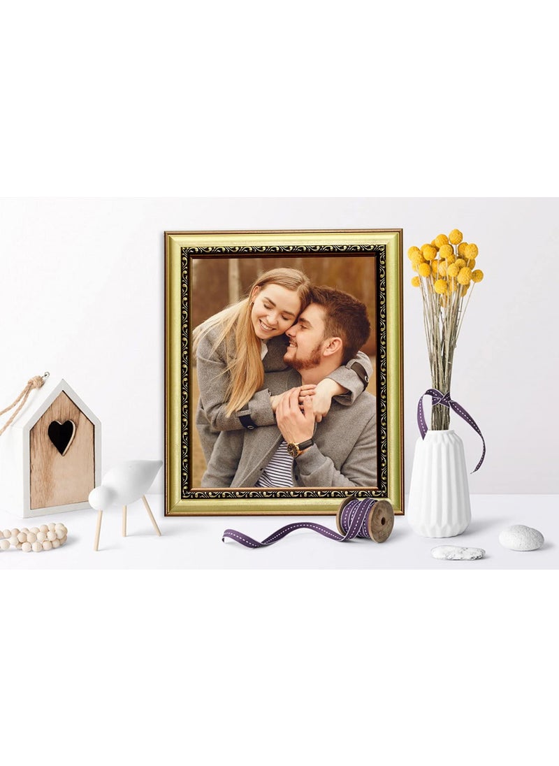 KDM HOME DECOR Photo frame 8x10 Inch Flexible Glass Synthetic Wood HangingTable Top High Density Photo Frame for Wall Decoration Dal Golden Color
