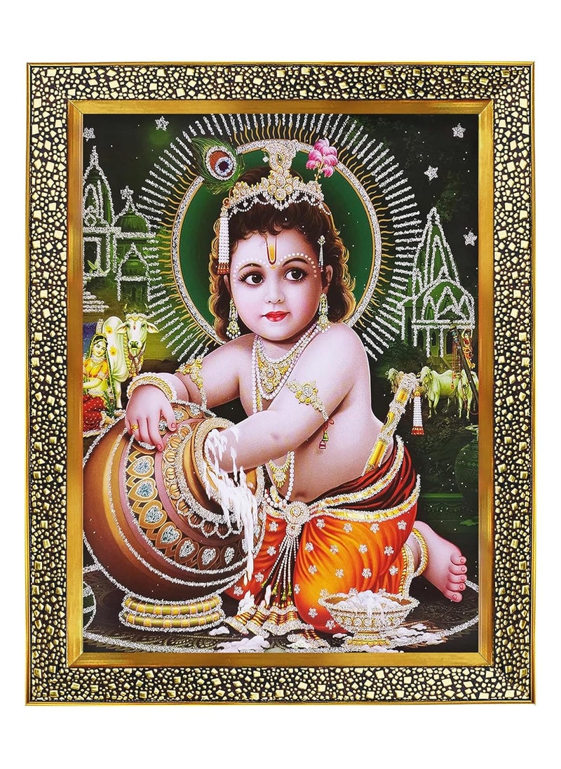 Koshtak Bal Roop KrishnaBal Roop Kanha JiBal Gopal Photo Frame For Wall Hanging Temple Puja Room Home Wall Decor Worship with Unbreakable Glass Golden Synthetic Photo Frame