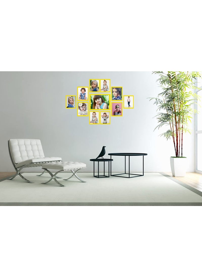 KDM HOME DECOR collage Photo Frame Set of 11 Yellow Color Clear Fiber Sheets Synthetic Wood Modern Collage Photo Frames for Wall Hanging 6 pcs 4x6 4 Pcs 5x7 1 pcs 8x10 Inch