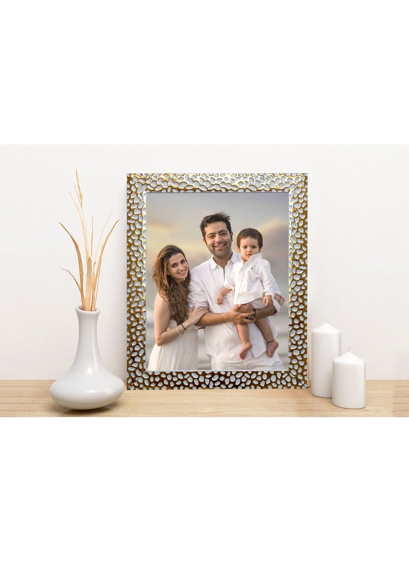 KDM HOME DECOR Photo frame 10x14 Inch GoldenWhite GOL Color Flexible Glass Synthetic Wood Modern art for Wall Decoration