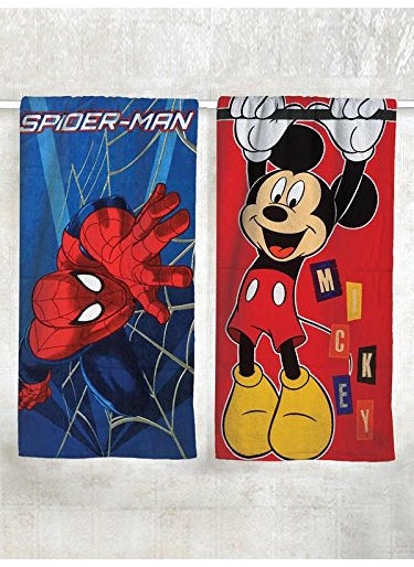 Athom Living Marvel Spider Man and Mickey Mouse 2 Piece 350 GSM Cotton Bath Towel Set Multicolour