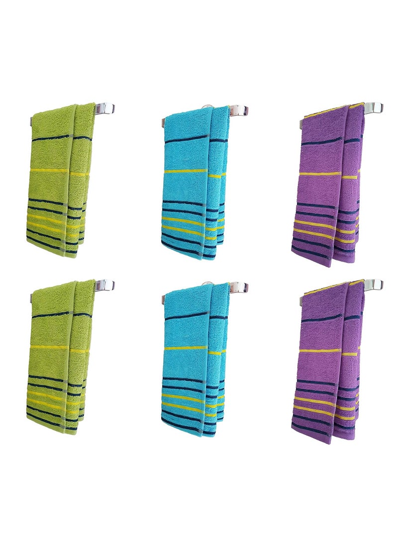 KSC Shop Premium Multicolor Cotton Hand Towels Set of 6 Stripe Design Bathroom Towel Bathroom Napkins Green Purple and Sky Blue
