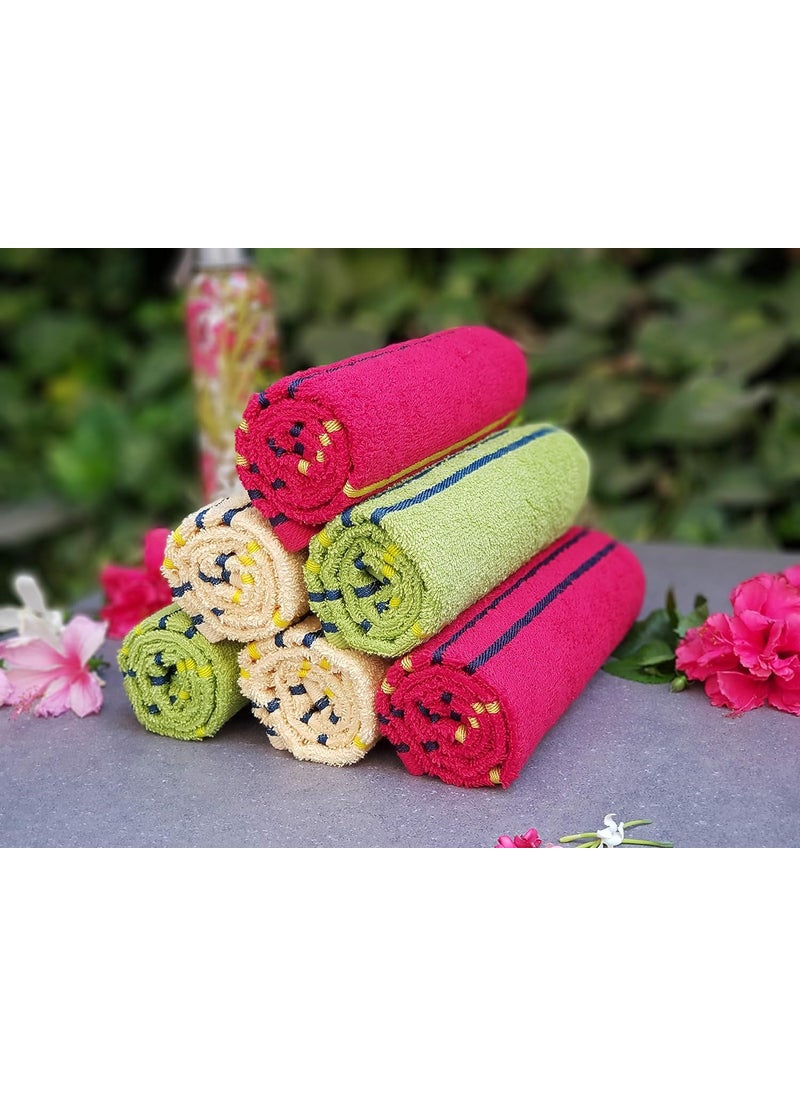 KSC Shop Premium Multicolor Cotton Hand Towels Set of 6 Stripe Design Bathroom Towel Bathroom Napkins Green Yellow and Red