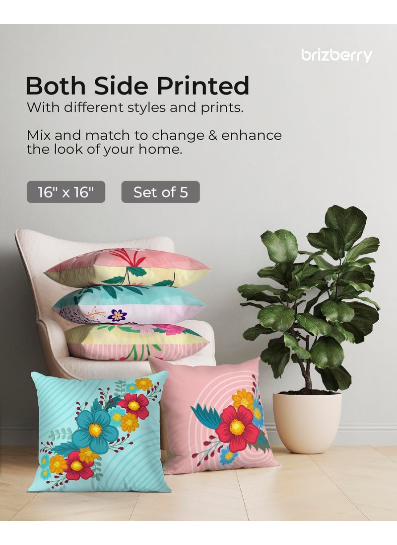 Brizberry Designer Decorative Premium Poly Cotton Throw Pillow Cushion Covers Double Side Printing Set of 5 16 inch x 16 inch Design 55