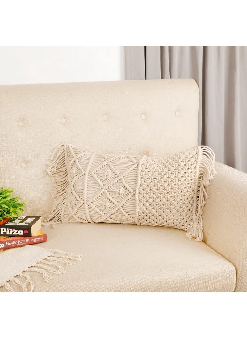 pepme Macrame Cushion Cover Side Small Knots jaal Dual Knots Single Knots Lane 12x20 OffWhite