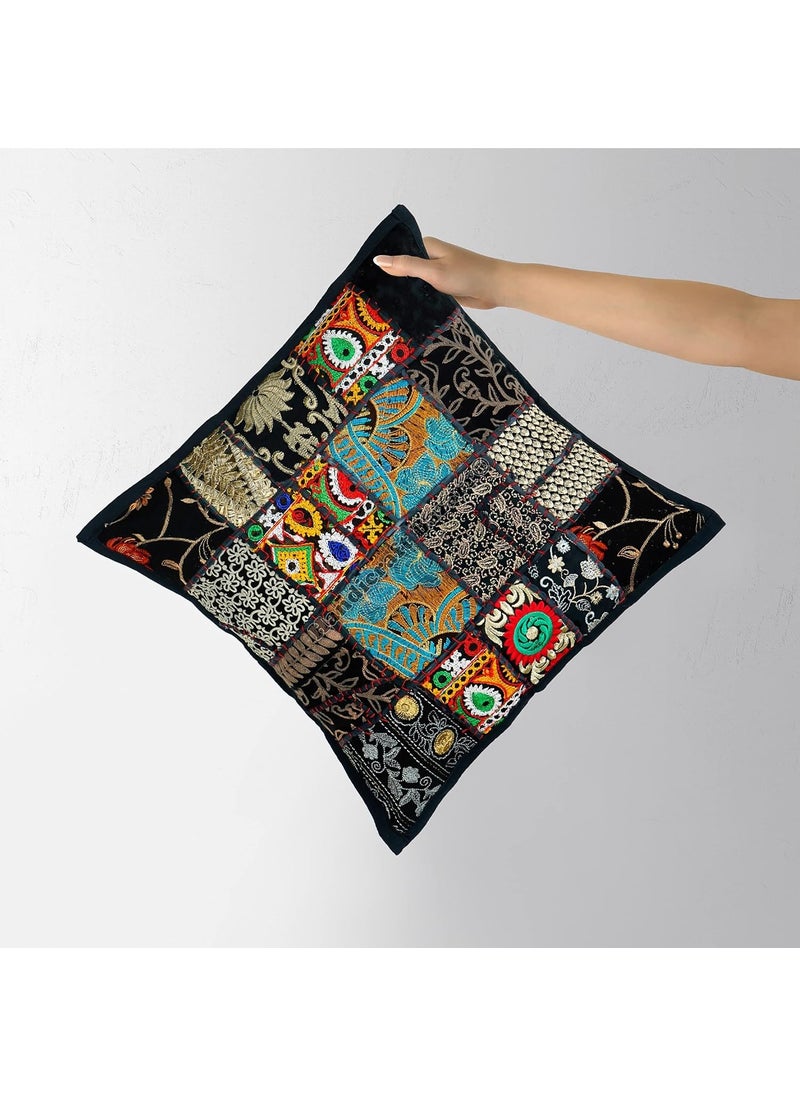 Handicraft Bazarr 18X18 Inch Designer Black Pillow Cover Set of 2 Square Patchwork Decorative Sofa Sham Cotton Floor Cushion Cover