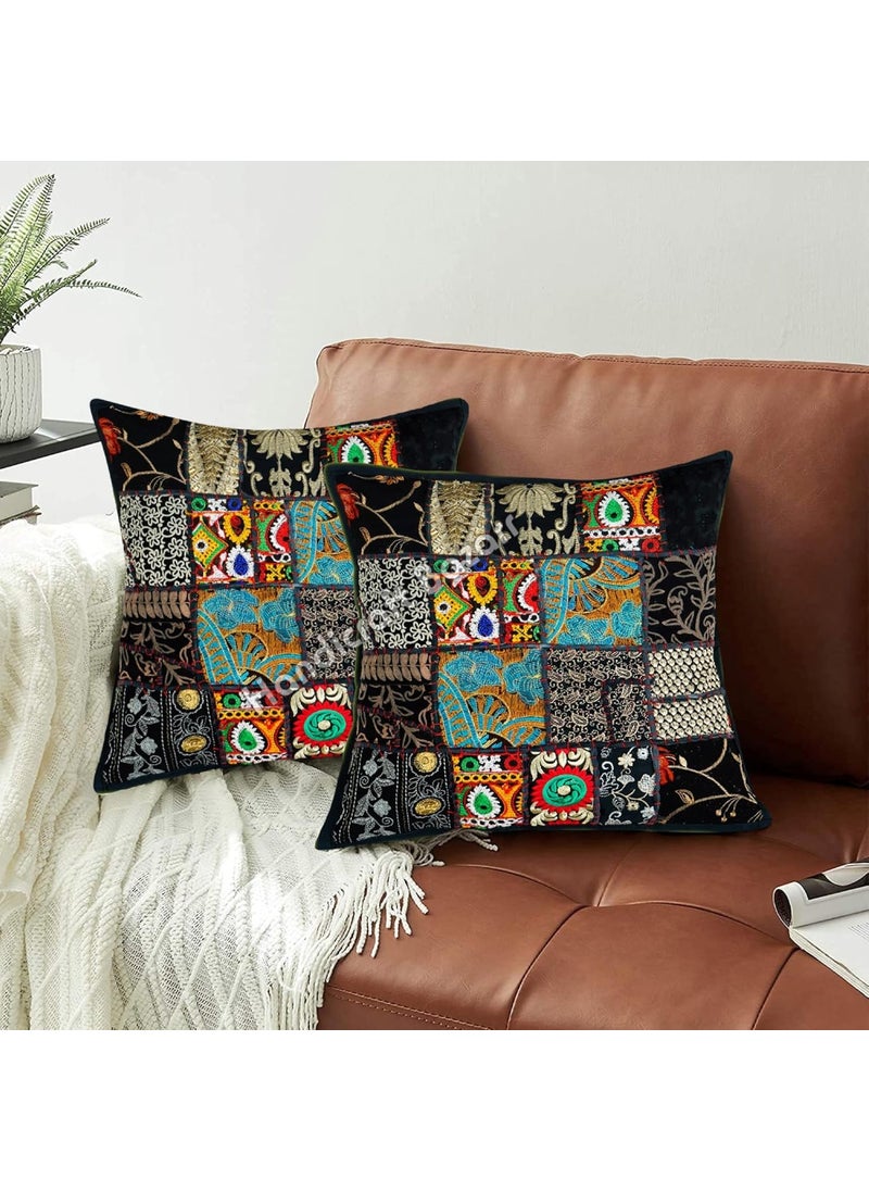 Handicraft Bazarr 18X18 Inch Designer Black Pillow Cover Set of 2 Square Patchwork Decorative Sofa Sham Cotton Floor Cushion Cover