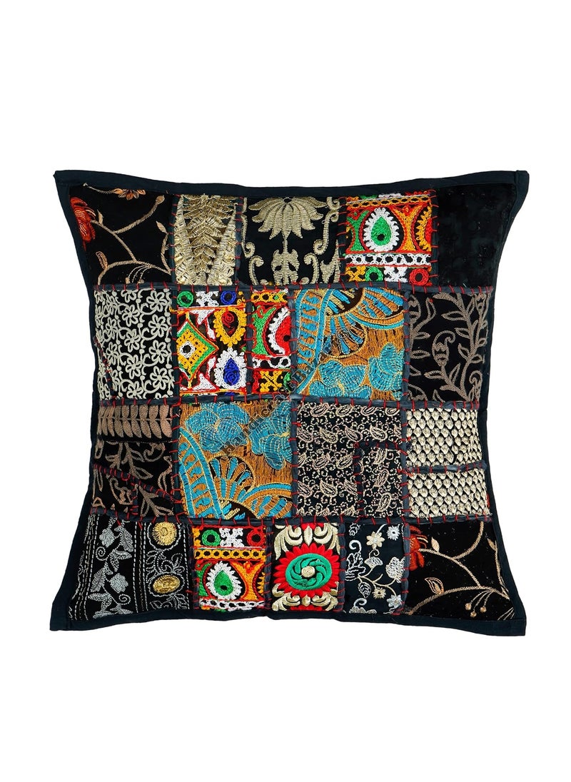 Handicraft Bazarr 18X18 Inch Designer Black Pillow Cover Set of 2 Square Patchwork Decorative Sofa Sham Cotton Floor Cushion Cover