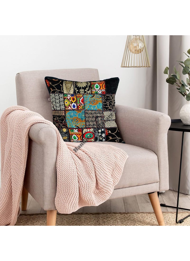 Handicraft Bazarr 18X18 Inch Designer Black Pillow Cover Set of 2 Square Patchwork Decorative Sofa Sham Cotton Floor Cushion Cover