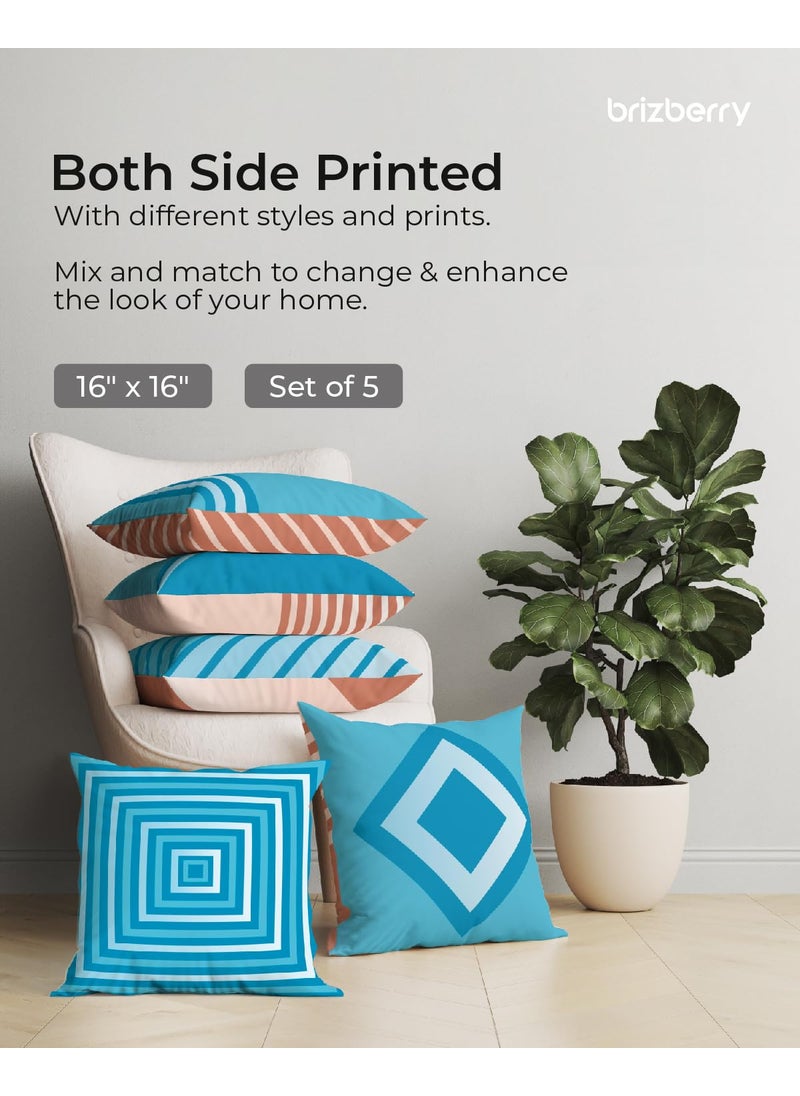 Brizberry Designer Sky Blue Decorative Premium Polycotton Throw Pillow Cushion Covers Double Side Printing Set of 5 16 inch x 16 inch Design 13