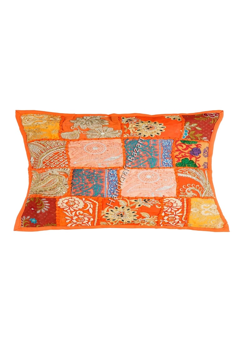 Handicraft Bazarr Standard Cotton Bed Pillow Case Set of 2 Rectangular Sofa Cushion Cover Patchwork Embroidery Designer Pillow Cover Furniture Home Decor Pillow Orange