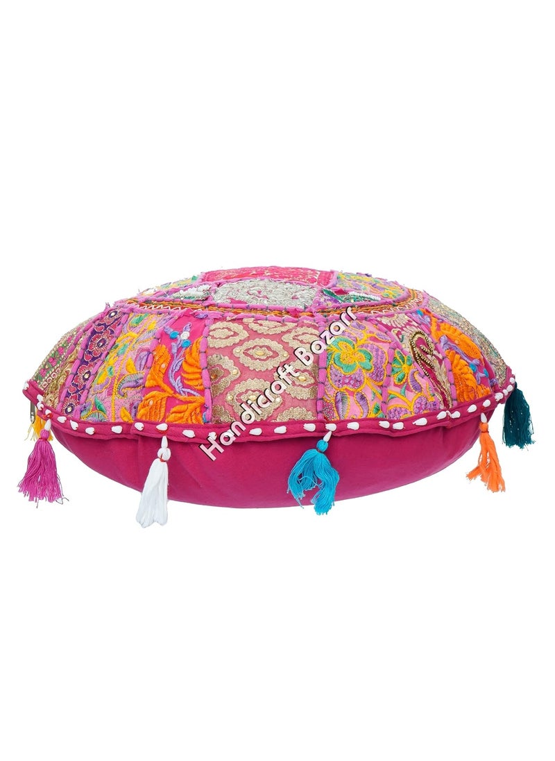 Handicraft Bazarr Handmade Cushion Case Decorative Patchwork Round Pillow Case Vintage 18x18 Embroidery Living Room Decor Cushion Cover Braided Design Pillow Cover Set of 2 Pink