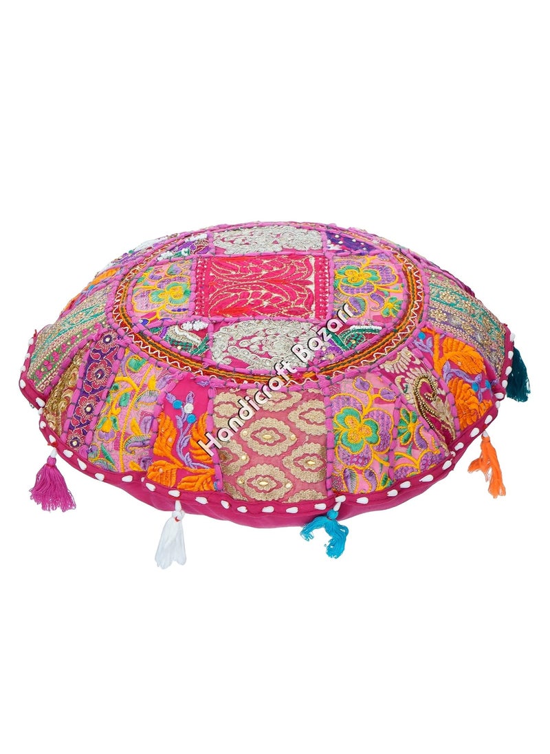 Handicraft Bazarr Handmade Cushion Case Decorative Patchwork Round Pillow Case Vintage 18x18 Embroidery Living Room Decor Cushion Cover Braided Design Pillow Cover Set of 2 Pink